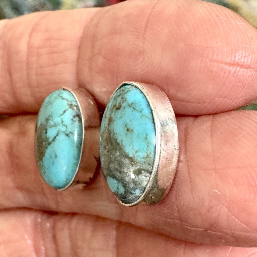 Navajo Turquoise Stud Earrings Sterling Silver 925 Post 11 x 14mm Signed Native - Picture 2 of 6
